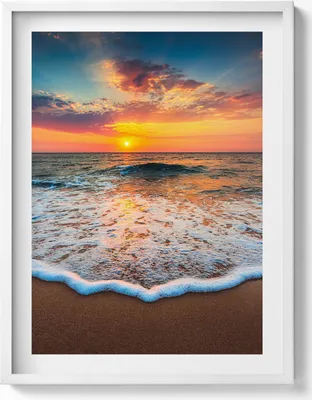 Produktbild von Sonnenuntergangslandschaft über dem Meer– Wandbild mit Rahmen – Gerahmtes Bild  – Wanddekoration – 60x80 cm –  Weiß Rahmen