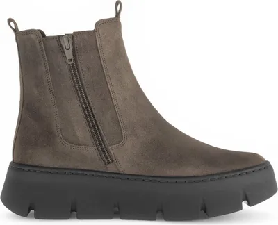 A single beige/mud colored women's boot with a black platform sole is shown against a white background.
