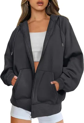 Produktbild von Damen-Kapuzenpullover mit durchgehenden Reißverschluss, Oversize-Passform und langen Ärmeln, in einfarbigem Design