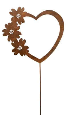 Produktbild von Metall Stecker. HERZ mit Blumen. Rost Gartenstecker. 38 cm.