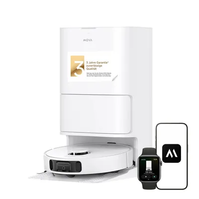 A white robot vacuum cleaner with its charging station, a smartphone, and a smartwatch are displayed against a white background.