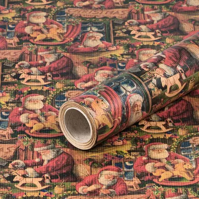 Image de Papier d'emballage pour Noël, motif "L'atelier du Père Noël", couleur marron, dimensions 0,70 x 10 mètres