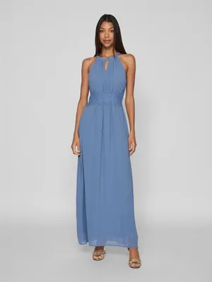 Productafbeelding van Vila Damen Vimilina halterneck maxi jurk - Noos model, kleur: Coronet Blue / Details: Elastisch