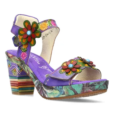 Produktbild von LAURA VITA Plateausandalette aus Leder violet lila bunt mit 2 Klettverschlüssen und tollem gestreiften Absatz Grösse 41 EU