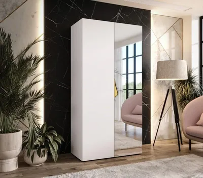 Produktbild von Schmaler Kleiderschrank 100 cm AMARIS 2 mit Spiegel – weiß / goldener Griff