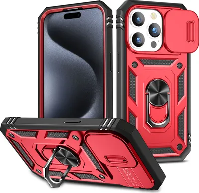 Produktbild von iPhone 15 Pro Hülle, Schiebe Kamera Schutz Robust Schutzhülle mit Ringhalterung Ständer Kartenhalter für iPhone 15 Pro Rot