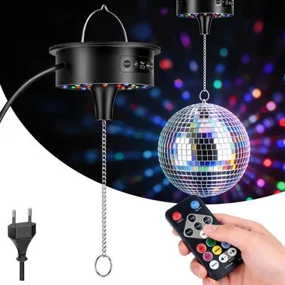 Obrázek produktu pro Motor pro disco kouli s dálkovým ovládáním, s nastavitelnou rychlostí 3-15 otáček za minutu, určený pro disco koule o průměru 10-40 cm, s 30 RGB LED světly, ideální pro osvětlení na party, pro DJ, na svatby a další akce