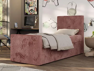 Produktbild von MKS MEBLE Jugendbett TILIO DUO 90x200 mit Stauraum, Polsterbett mit hohem Kopfteil, Cordbezug, 7-Zonen-Taschenfederkern Multipocket-Matratze, Einzelbett - Rosa Cord - H4 - Rechts