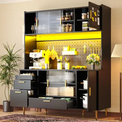 Produktbild von STILVORA Buffetschrank Hochglanz Schwarz mit LED-Beleuchtung und Lochwand, Küchenschrank mit Glasschiebetüren, Sideboard mit Magnettür