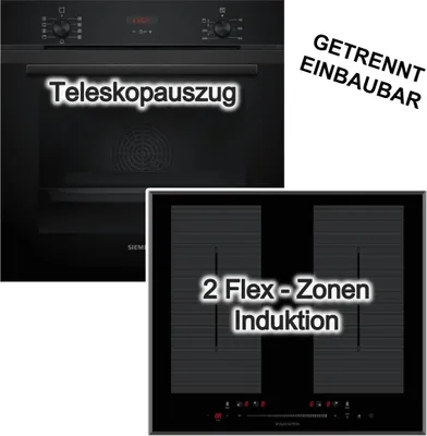 Produktbild von Herdset SIEMENS Backofen Teleskopauszug 3D Heissluft 71 Liter Schwarz + Autarkes Induktionskochfeld Flexzonen PowerBoost Wolkenstein