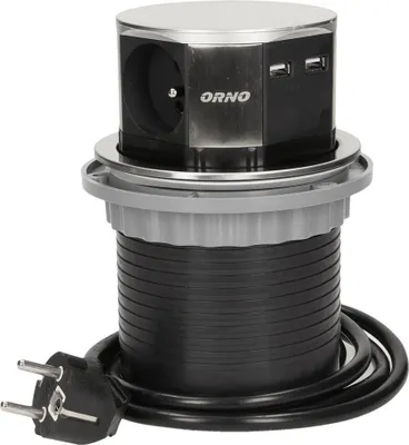 Zdjęcie produktu dla Gniazdo szafkowe 10 cm wysuwane z blatu z ładowarką USB i kablem 1,5 m, 3x2P+Z, 2xUSB, INOX
