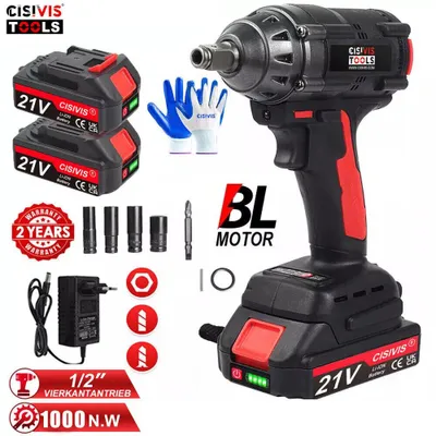 Produktbild von 21V Akku Schlagschrauber, bürstenlos, 1000 Nm Drehmoment, 1/2" Antrieb, 2 Akkus, Ladegerät & Stecknüsse, leistungsstark für Werkstatt & Montage