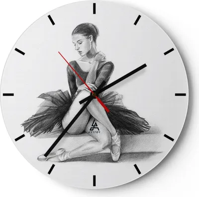 Produktbild von Wanduhr - Rund - Glasuhr - Ballerina Zeichnung Bleistift - 30x30cm - Schleichendes Uhrwerk - Lautlos - zum Aufhängen bereit - Dekoration Modern - Wanddekoration aus Glas - C3AR30x30-4496