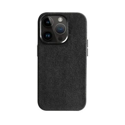 A black iPhone case with a camera cutout is shown against a white background.