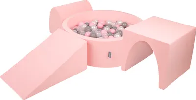 Produktbild von KiddyMoon spielplatz aus schaumstoff mit rund bällebad (300 bälle) ballgruben für babys spielbad hindernisläufen, hergestellt in der eu, pink:perle/grau/transparent/puderrosa