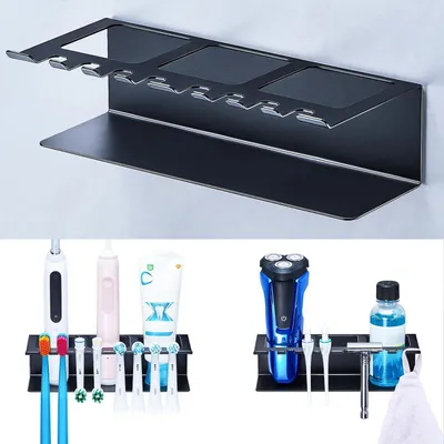 Zdjęcie produktu dla Uchwyt na szczoteczki do zębów, montowany na ścianie, czarny, duży, metalowy, bez konieczności wiercenia, oszczędzający miejsce