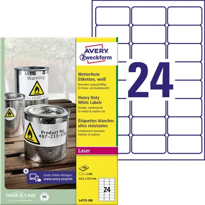 Obrázok produktu pre Avery L4773-100, Biela, Zaoblený obdĺžnik, Permanentný, 63.5 x 33.9 mm, A4, Polyester