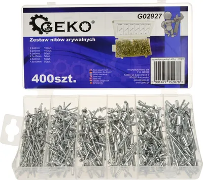 A set of aluminum blind rivets in a clear plastic organizer box, with packaging visible above.