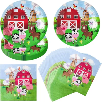 Imagen del producto de Set de fiesta con temática de granja, de 40 piezas, que incluye 20 platos y 20 servilletas, ideal para fiestas de cumpleaños infantiles