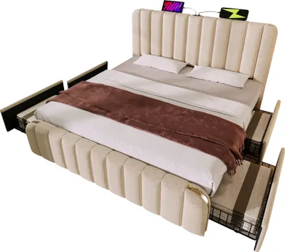 Produktbild von Polsterbett Doppeltes, gepolstertes Kopfteil mit goldenen Zierstreifen und ,USB Typ-C Ladefunktion 160*200 cm, Beige Leinen-Material mit 4 Schubladen