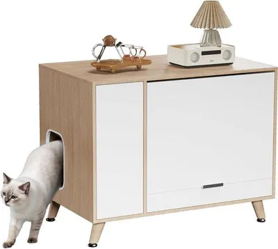 Productafbeelding van Kattenmeubel - Kattenbak ombouw - Kattenbak Verbergen - Met Lade - 80 x 50 x 60 cm - Wit