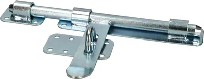 A silver metal bolt latch is shown against a white background.
