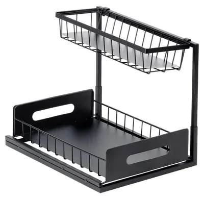Image de Étagère de cuisine - Deux niveaux - Tiroir coulissant - Métal - 36 x 27 x 28,5 cm - Noir