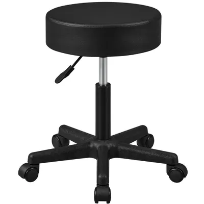 A black adjustable stool with wheels on a white background.