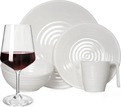 Produktbild von Melamin Camping Geschirr Set 4 Personen Crema Design 16 Teilig + Milano Gläser Rot Weingläser Tafelgeschirr Picknick BBQ Kochgeschirr