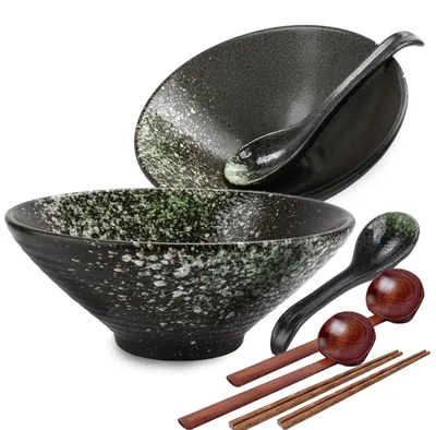 Ramen-Schalen-Set, 1000 ml, Keramik, schwarz, 8-teilig, spülmaschinenfest