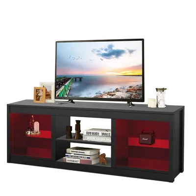 Image de Parrot Uncle Armoire TV pour téléviseur jusqu'à 75 pouces, MDF, noir, avec 6 compartiments ouverts et barre de LED changeant de couleur, 168 x 42 x 56 cm, capacité de charge 54 kg