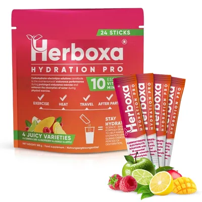 Produktbild von Herboxa Hydration Pro Elektrolyt Drink – Isotonisches Pulver 24x7g Beutel - gemischte Geschmäcker: Zitrone-Limette, Himbeere, Mango, Apfel