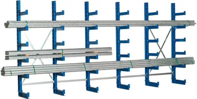 Produktbild von Kragarmregal einseitig TAURUS | Grundregal | frei verstellbare Kragarmen | HxBxT 250x101x50cm | 6 Ebenen inkl. Fußebene | Armlast 500kg | Enzianblau