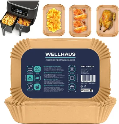 A collage showing an air fryer with food, individual food items in paper inserts, and a package of paper inserts for an air fryer.