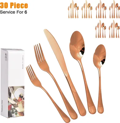 Image de Couverts Topchances, set de 30 couverts, en acier inoxydable de haute qualité poli miroir, multi-usage pour la maison, la cuisine, le restaurant Set de couverts avec boîte cadeau pour 6 personnes, cuivre