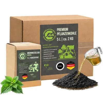 Produktbild von C44 Pflanzenkohle Aktivierungsset | Brennnesselsud + Premium Pflanzenkohle Bundle 5L + 1L