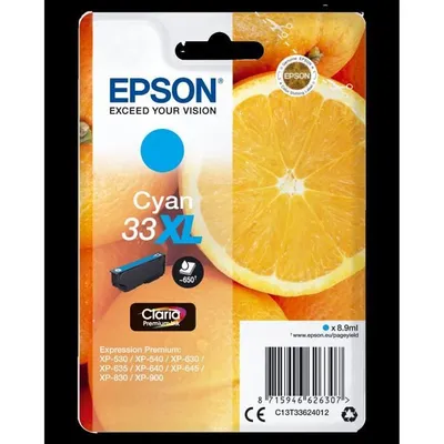 Obrázek produktu pro Epson Oranges Balíček s jedním inkoustem 33XL Pomeranče Claria Premium Cyan, Vysoká (XL) výtěžnost, Azurová, 8,9 ml, 1 kusů, 650 str.