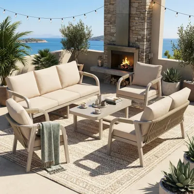Produktbild von Merax Gartenlounge-Set für 7 Personen, 3-Sitzer & 2-Sitzer Sofa, 2 Sessel, Couchtisch mit Glasplatte, Geflochtenes Seil, Verzinktes Eisengestell, Beige