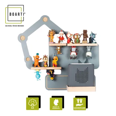 Produktbild von BOARTI Kinderregal Bagger | hängend für Toniebox und Tonie Figuren | platzsparendes Regal | H. 39 x B. 44 x T. 19 | Wandregal Musikbox Figuren Aufbewahrung Magneteinsätzen | Aufbewahrungsregal Baustelle Holz