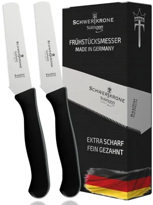 Obrázek produktu pro Schwertkrone Solingen, sada 2 kusů: nůž na chléb, nůž na svačinu, nůž na snídani. Nerezové, zoubkované, vhodné do myčky. Výroba: Německo. Barva: černá. Sada 2 kusů