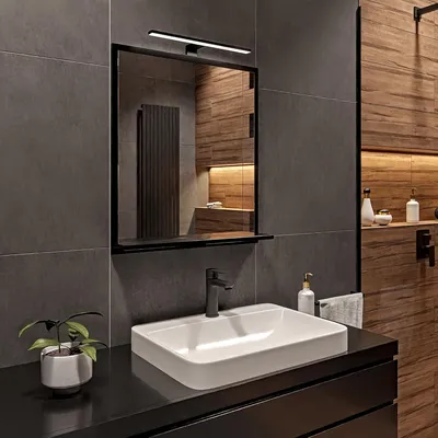 Zdjęcie produktu dla Czarne Lustro Łazienkowe LED 4000 k IP44 z Półką 70x60x12 cm (wys. x szer. x gł.) Lustro Ścienne Prostokątne do Łazienki Obudowa LED Czarna