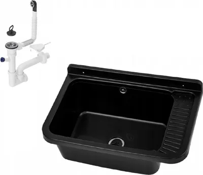 A black sink basin and white plumbing parts are shown against a white background.