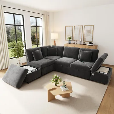 Produktbild von STILVORA Wohnlandschaft 6-Sitzer mit Schlaffunktion, Ecksofa mit Stauraumhocker und USB/Type-C, Schlafsofa mit wechselbarer Chaiselongue, Chenille, Grau