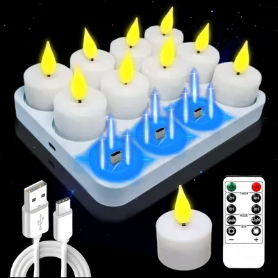 Produktbild von 12 Stück Wiederaufladbare Teelichter Flackernd mit Fernbedienung und Timerfunktion, Aufladbare LED Kerzen mit Ladestation und USB-Kabel für Party Zimmer Wohnzimmer Halloween Weihnachten Deko