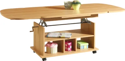 Produktbild von Funktionscouchtisch Wohnzimmertisch Babsi - Nachbildung Buche - höhenverstellbar und ausziehbar - Rollenfüße - große Ablage - 107x157x67cm