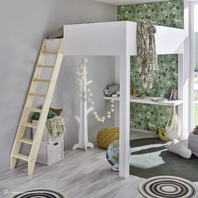 A child's bedroom with a loft bed, desk, and play area.