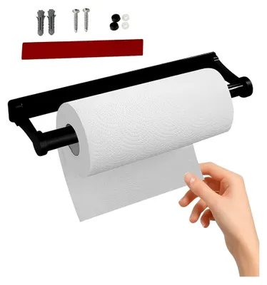 Produktbild von Küchenrollenhalter Ohne Bohren Schwarz – Edelstahl Papierrollenhalter für Wand & Unterschrank, Klebend oder Zum Bohren – Halterung für Küche, Bad & Wohnmobil