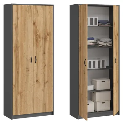 Produktbild von Kleiderschrank Mehrzweckschrank Regal 74cm breit 180cm hoch Aktenschrank mit vier Einlegeböden, Haushaltsschrank in anthrazit-eiche