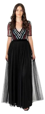 Productafbeelding van Maya Deluxe - Maxi-jurk voor dames, met V-hals, korte mouwen, model GT38357 (maat 32 DE), kleur zwart