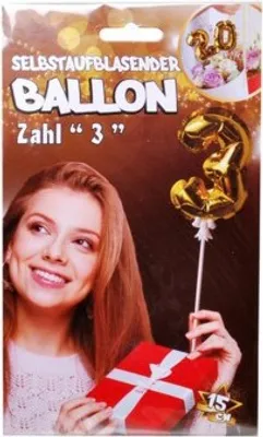 Produktbild von Folien Ballon zum Geburtstag mit Zahl 3 selbstaufblasend Farbe gold